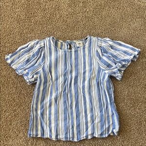 CAbi Blue and White Striped Blouse with Puff Sleeves
